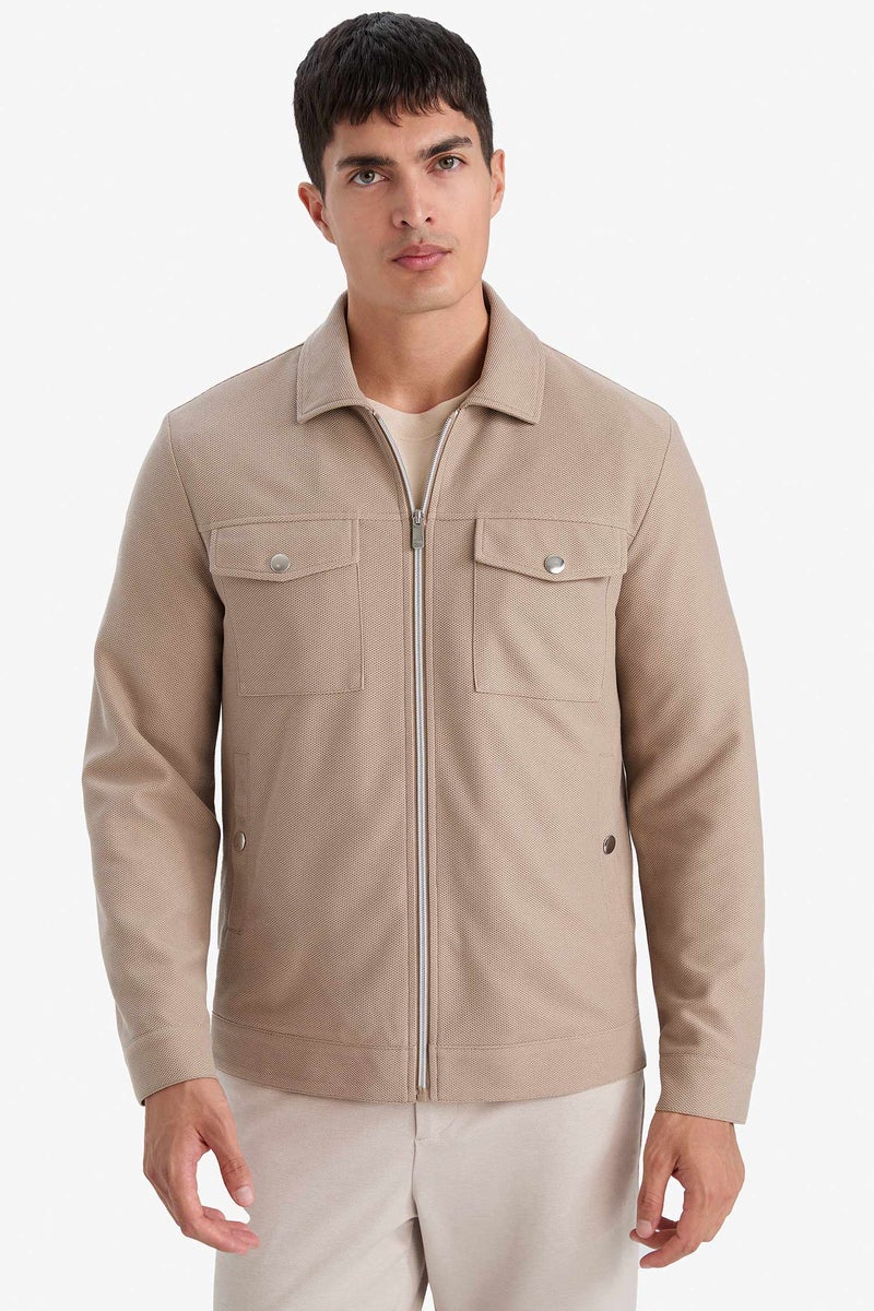 DeFacto Beige Man Slim Fit Polo Collar Lined Zip-Up Jacket Casual - Image 3